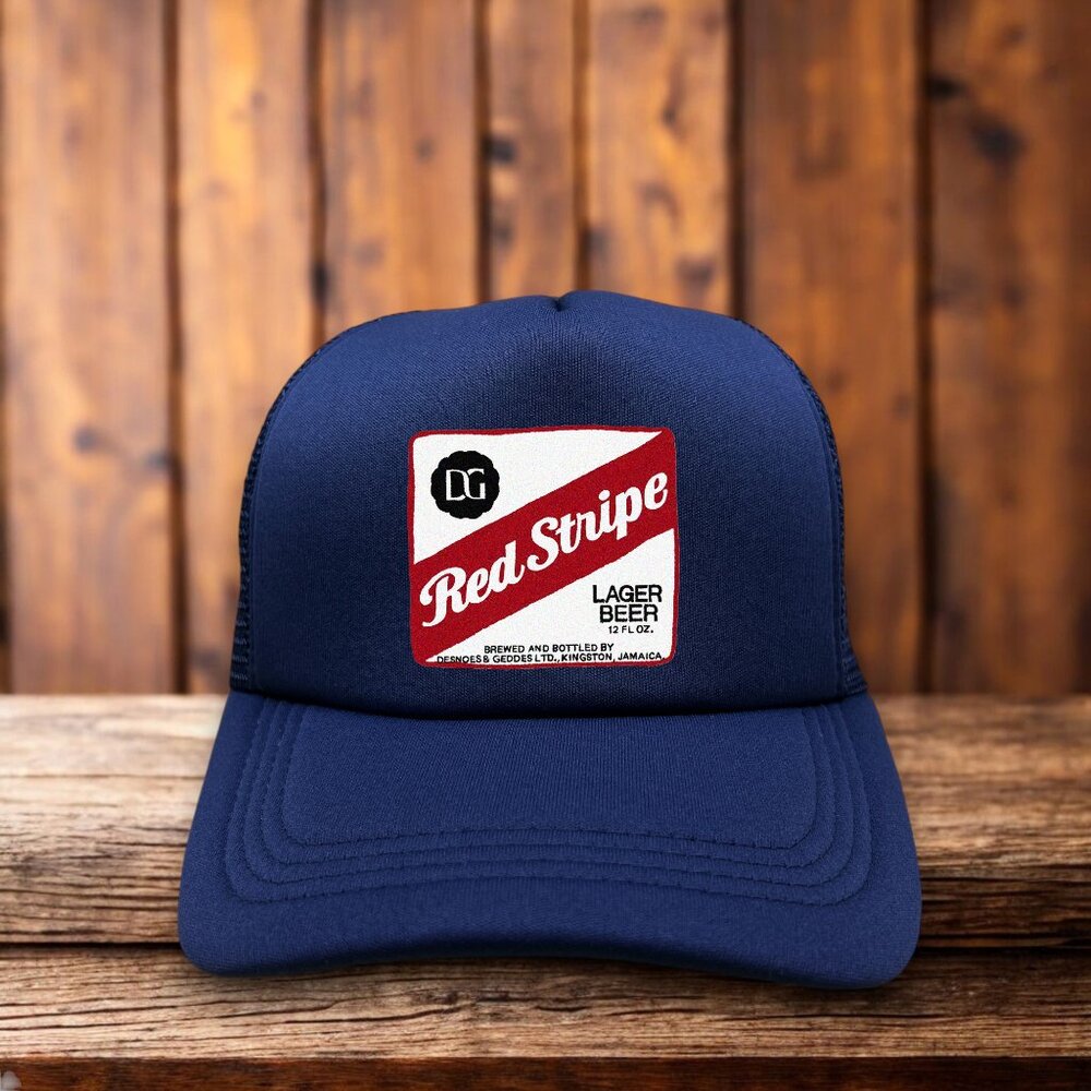 Red Stripe Unisex Trucker Hat Blue Snapback Retro Label Jamaican Lager Beer Cap